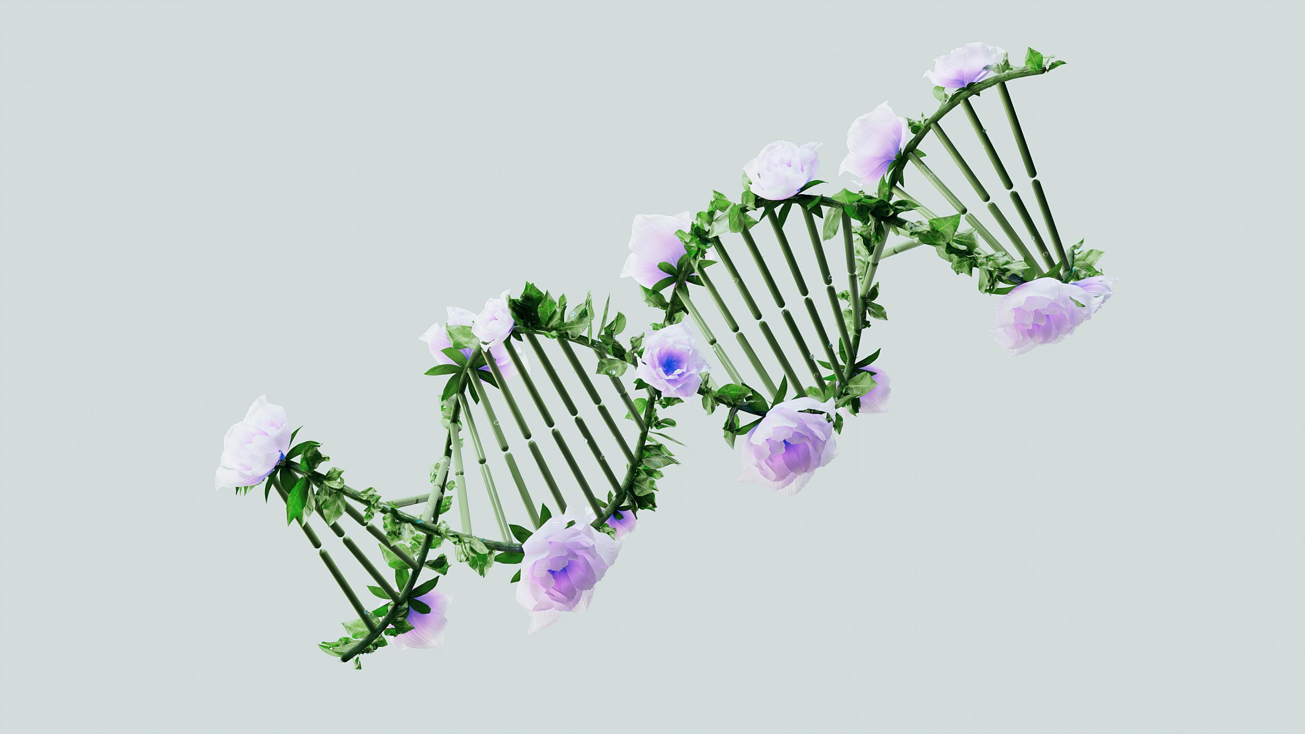 A creative representation of a DNA helix with blooming pastel roses, blending nature and science.